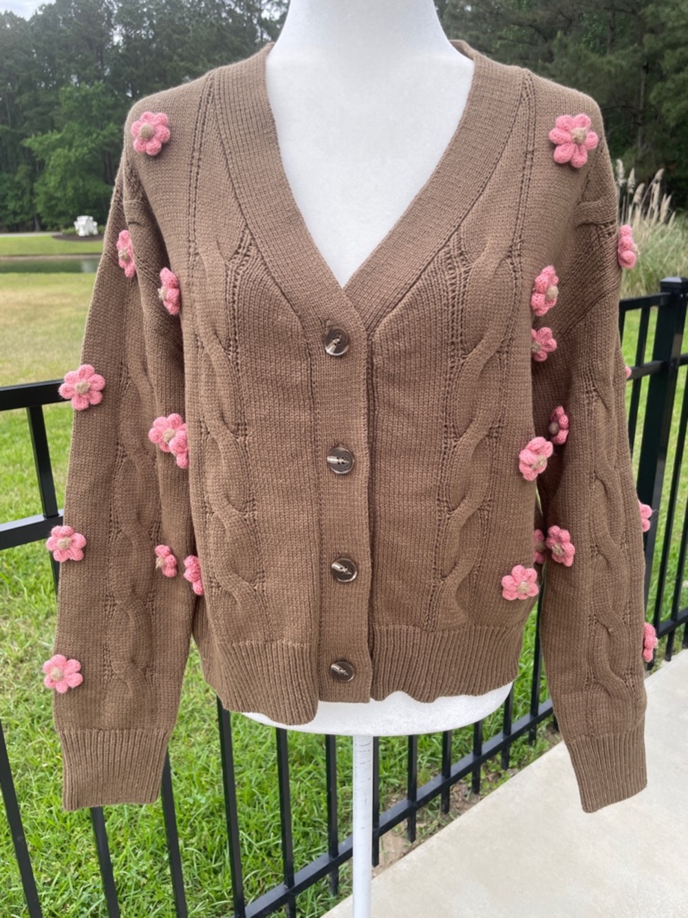 Storia Brown Cable Knit Cardigan with Pink 3D Embroidered Flower Accents - Picture 3 of 11